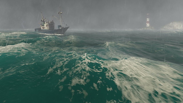 Heavy storm in the open sea with small fishing boat at foreground and with lighthouse in the distance. Realistic three dimensional animation.