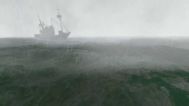 Stormy night in the open sea with small fishing boat at foreground and with lightning flashes in the distance. Realistic three dimensional animation.