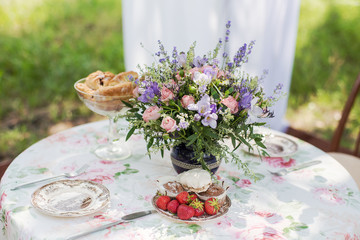 Flowers of lavender on the dining table outdoors