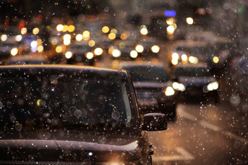 Night traffic car road blur light snow