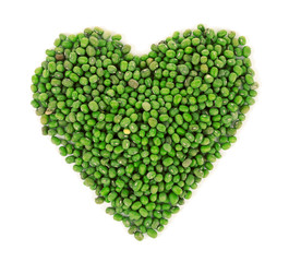 Canned heart shaped peas isolated on white