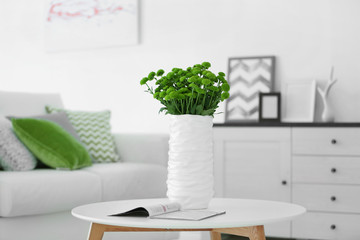 Beautiful green chrysanthemums in vase on table in room