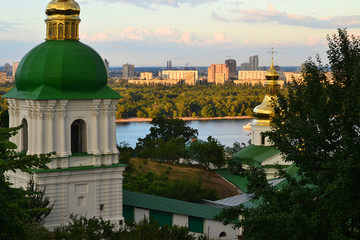 Belfry and church of  Kiev Pechersk Lavra in front of river Dnie