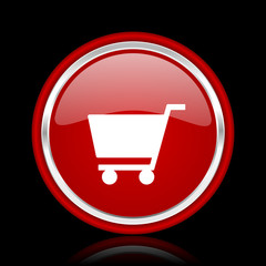 cart red glossy cirle web icon on black bacground