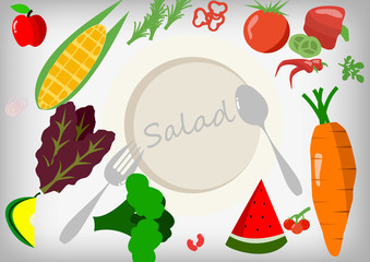 Vector : Vegetables and fruits and empty salad plate