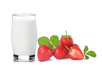 glass of milk and strawberry on white background