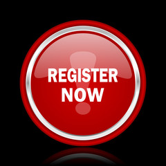 register now red glossy cirle web icon on black bacground
