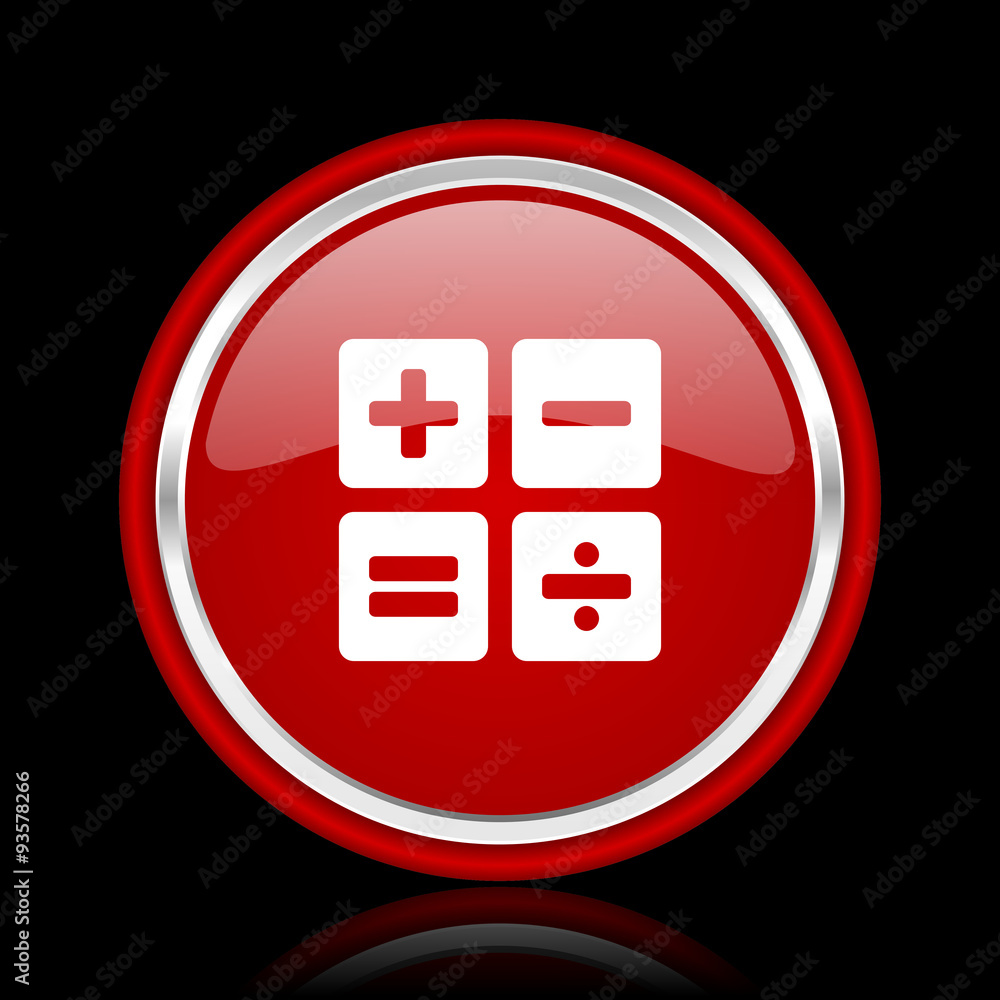 Poster calculator red glossy cirle web icon on black bacground
