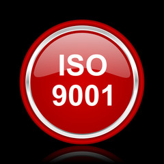 iso 9001 red glossy cirle web icon on black bacground