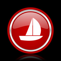 yacht red glossy cirle web icon on black bacground