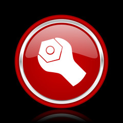 tools red glossy cirle web icon on black bacground