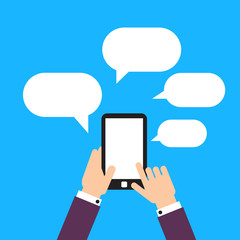 Fototapeta premium User hold mobile device, bubbles. Flat design