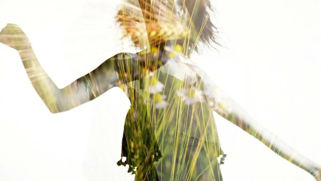 Double Exposure of afro girl spinning over golden fields