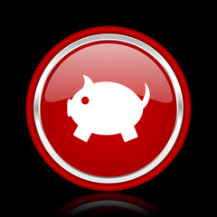 piggy bank red glossy cirle web icon on black bacground