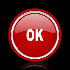 ok red glossy cirle web icon on black bacground