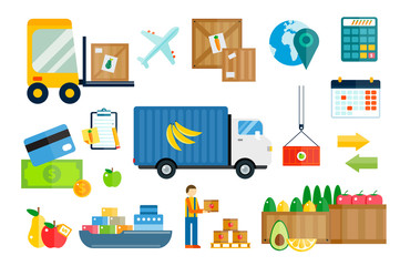 Import export fruits and vegetables delivery vector icons set