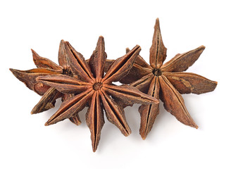 Star anise spice fruits and seeds isolated on white background