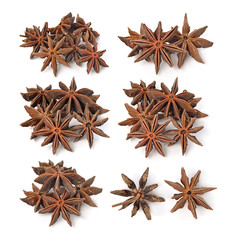 Star anise spice fruits and seeds isolated on white background