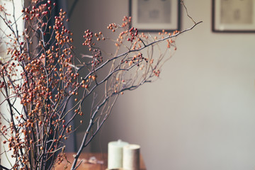 Dried berry stick floral arrangement in home interior