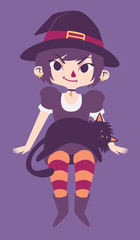 Cute Witch with a Black Cat Laying on her Lap