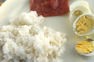 Breakfast with ham, rice and egg