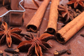 Spice and accessories for baking on dough for Christmas cookies and gingerbread