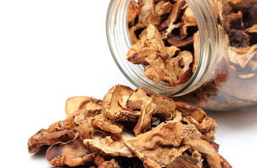 Dried mushrooms pouring out of glass jar. White background
