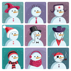 Set of nine snowmen dressed in different clothes. Vector illustration set of vector icons.