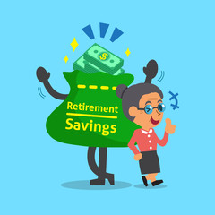 Cartoon old woman with retirement savings bag and coins