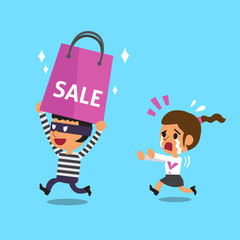 Cartoon thief stealing a big shopping bag from woman