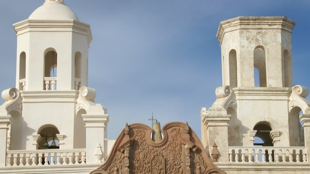 Entrance to the historic Mission San Xavier del Bac in Tucson, Arizona, tilt, 4K, Ultra HD