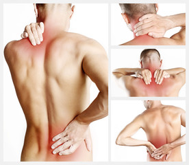 Collage representing young man with back pain 