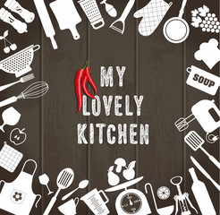 Kitchen set icon on wooden texture.