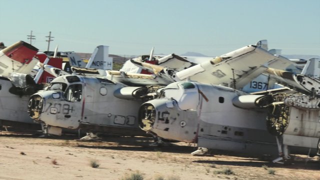 Storage area for retired military aircraft at Davis-Monthan Air Force Base in Tucson, Arizona, pan, 4K, Ultra HD