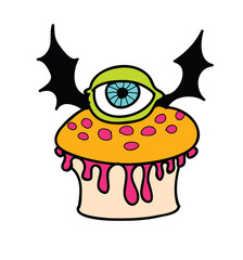 Halloween muffin with Eye and Bat wings - retro cartoon Halloween character - funny trick or treat cupcake with monster eye with bat wings. Hand drawn illustration. Eps 8.