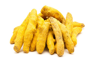 Pile of Organic Long Turmeric or Haldi (Curcuma longa) isolated on white background.