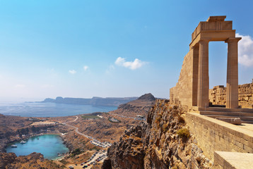 Greece. Rhodes. Acropolis of Lindos. Doric columns of the ancient Temple of Athena Lindia the IV...