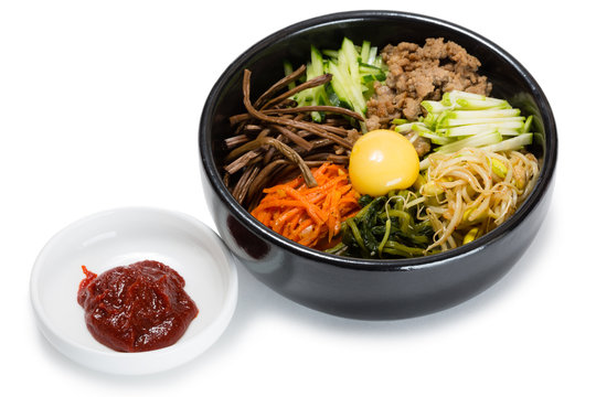 Bibimbap dish of meat, rice, vegetables and egg