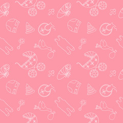 Monochrome baby seamless pattern on pink background.