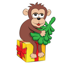 Fototapeta premium Christmas monkey sitting on the present-box and holding fir-tree