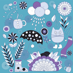stock vector autumn background with cartoon cat, umbrella, tree