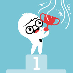 businessman cartoon with trophy on winner podium