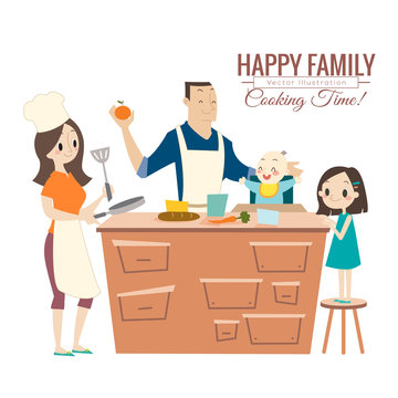 happy family with parents and children cooking in kitchen
