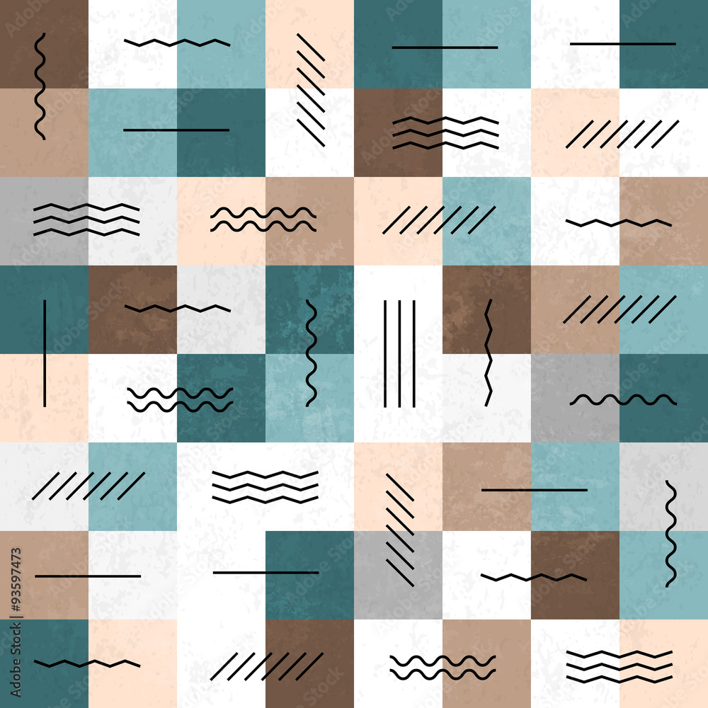 Aufkleber Geometric lines and squares seamless pattern. Retro colors. Text