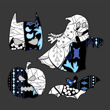 Set of halloween icons with bat, ghost, pumpkin. vector illustra