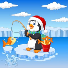 Obraz premium Cartoon penguin fishing on the ice 