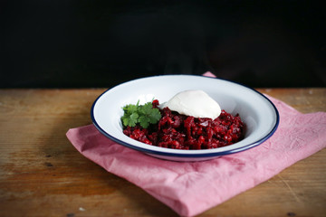 Beetroot risotto with poached egg