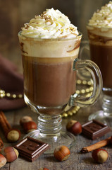 Hot chocolate with cinnamon and hazelnuts.