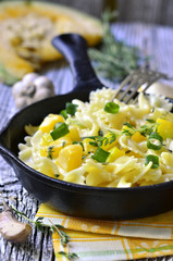 Farfalle with pumpkin,garlic and thyme.