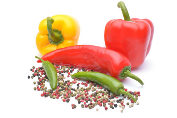 Pepper and pepper spice on white background